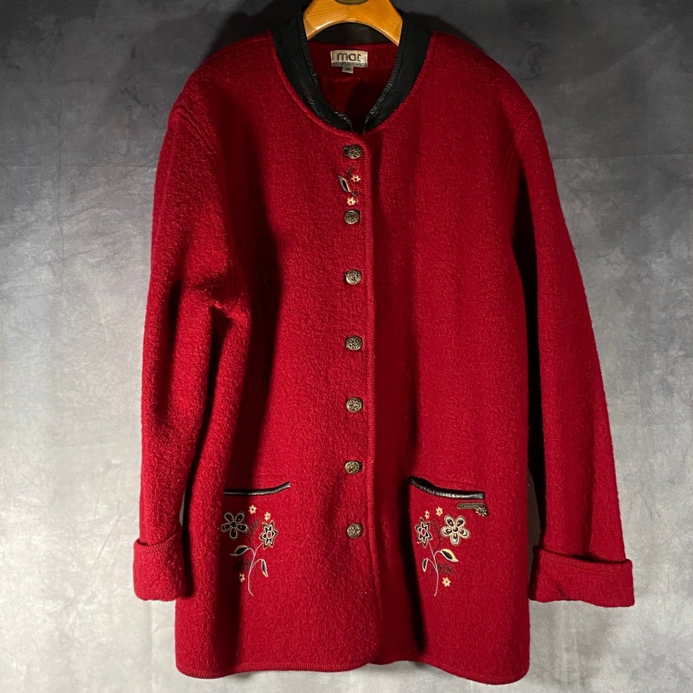 Mat Fashion Red Boiled Wool Cardigan Floral Embroidered Jacket Womens 3X